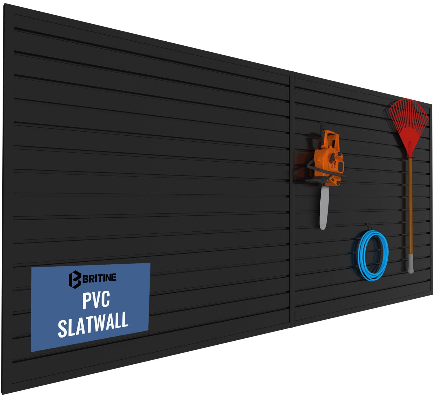 Photo 1 of **DIRT FROM TRANSPORT **BRITINE Slatwall Panel Garage Organizer PVC Slatwall Heavy Duty Wall Mounted Rack, Interlocking Slat Wall Panels for Tool Organization Peg Board (Black 4 x 8 ft)