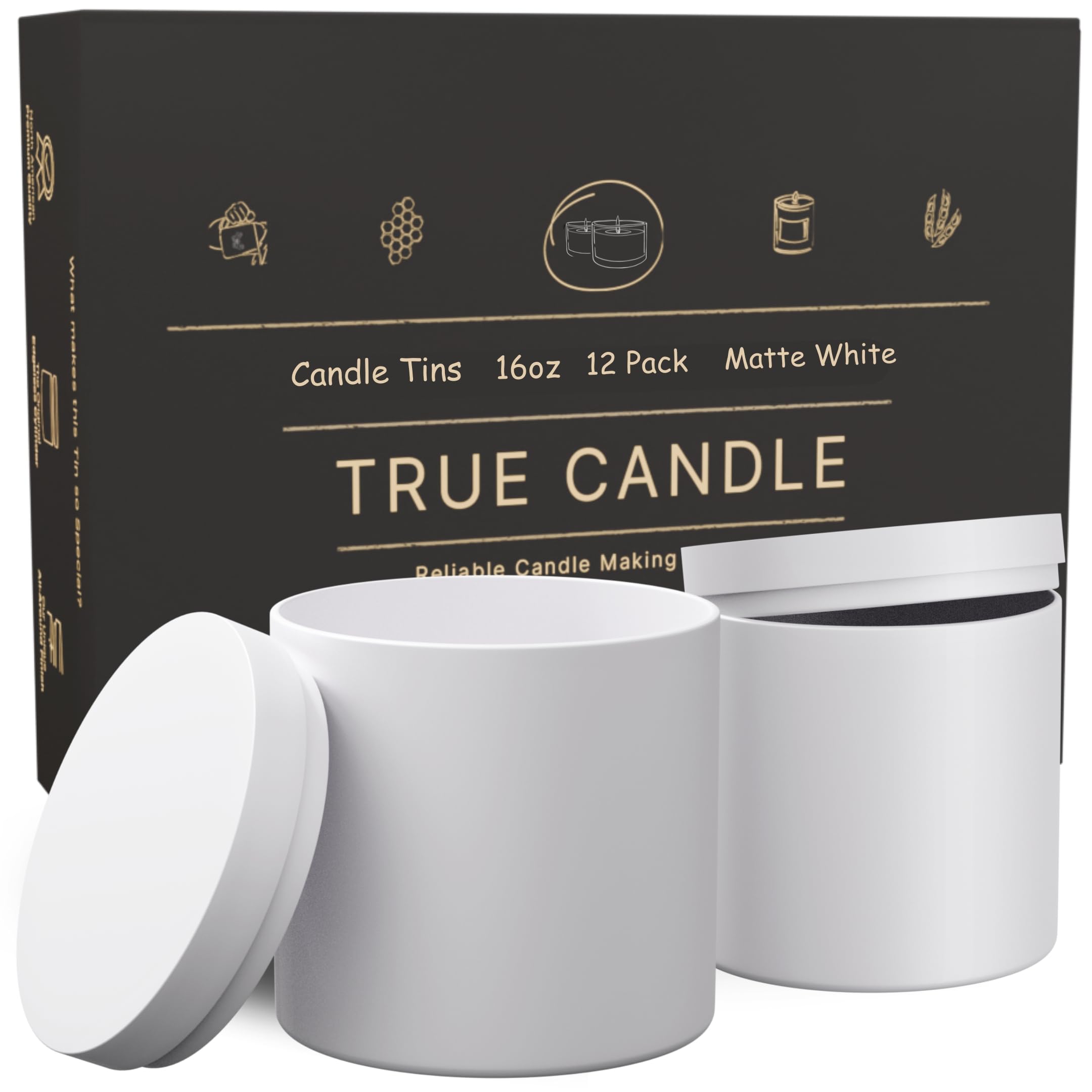 True Candle Tins for Making Candles - 12 Pack of 16 oz Black Candle Containers Bulk - Empty tins with lids for Candles - Premium Glass Jars, Vessels | Painted Outside Inside | Matte White (Tall)