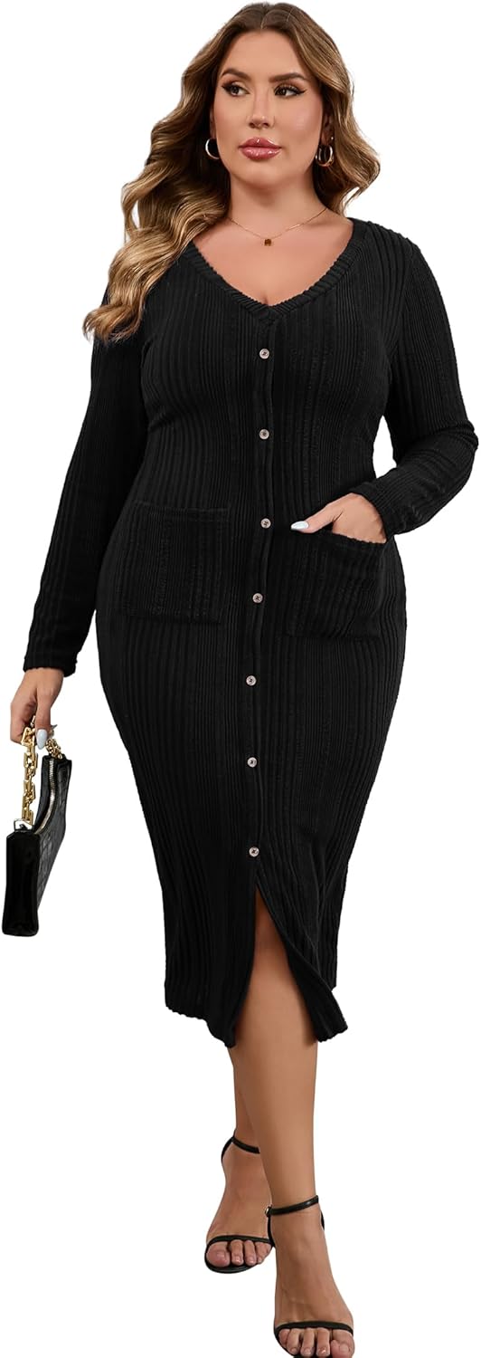 KOJOOIN Womens Plus Size Button Down Sweater Knit Dress V Neck Long Sleeves Slit Front Stretchy Pullover Bodycon Maxi Dress