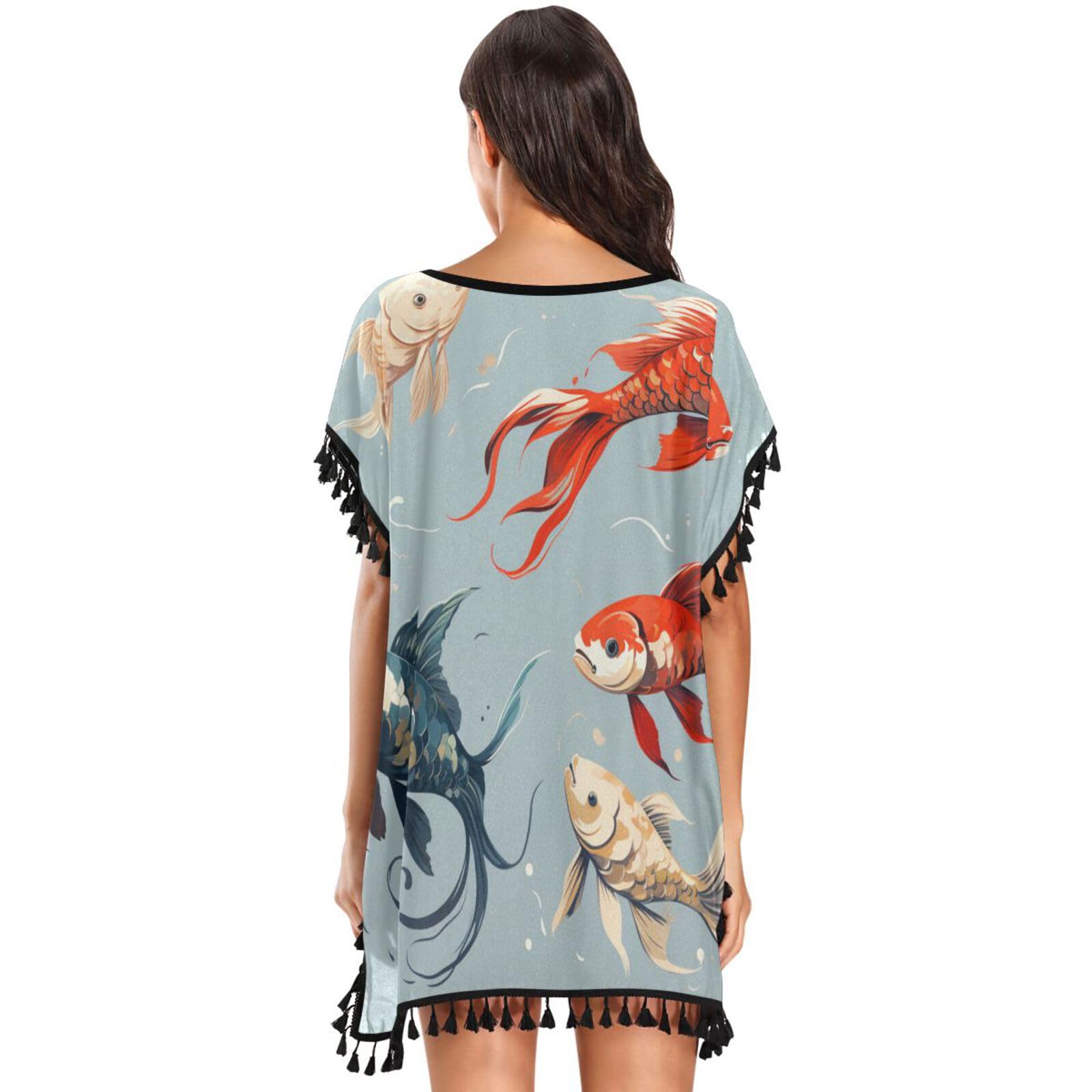 Lucky Fish Art Women's Beach Cover Up Chiffon Tassel Swimwear Swimsuit Coverups for Girl