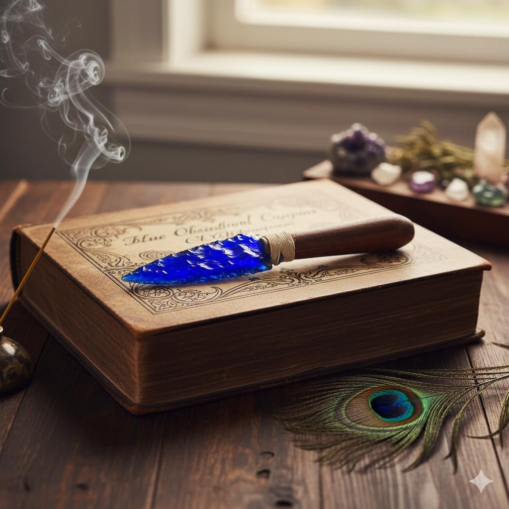 Handmade Blue Obsidian Arrowhead Crystal Glass Knife | 8 Inch Metaphysical Altar Tool, Premium Wooden Handle