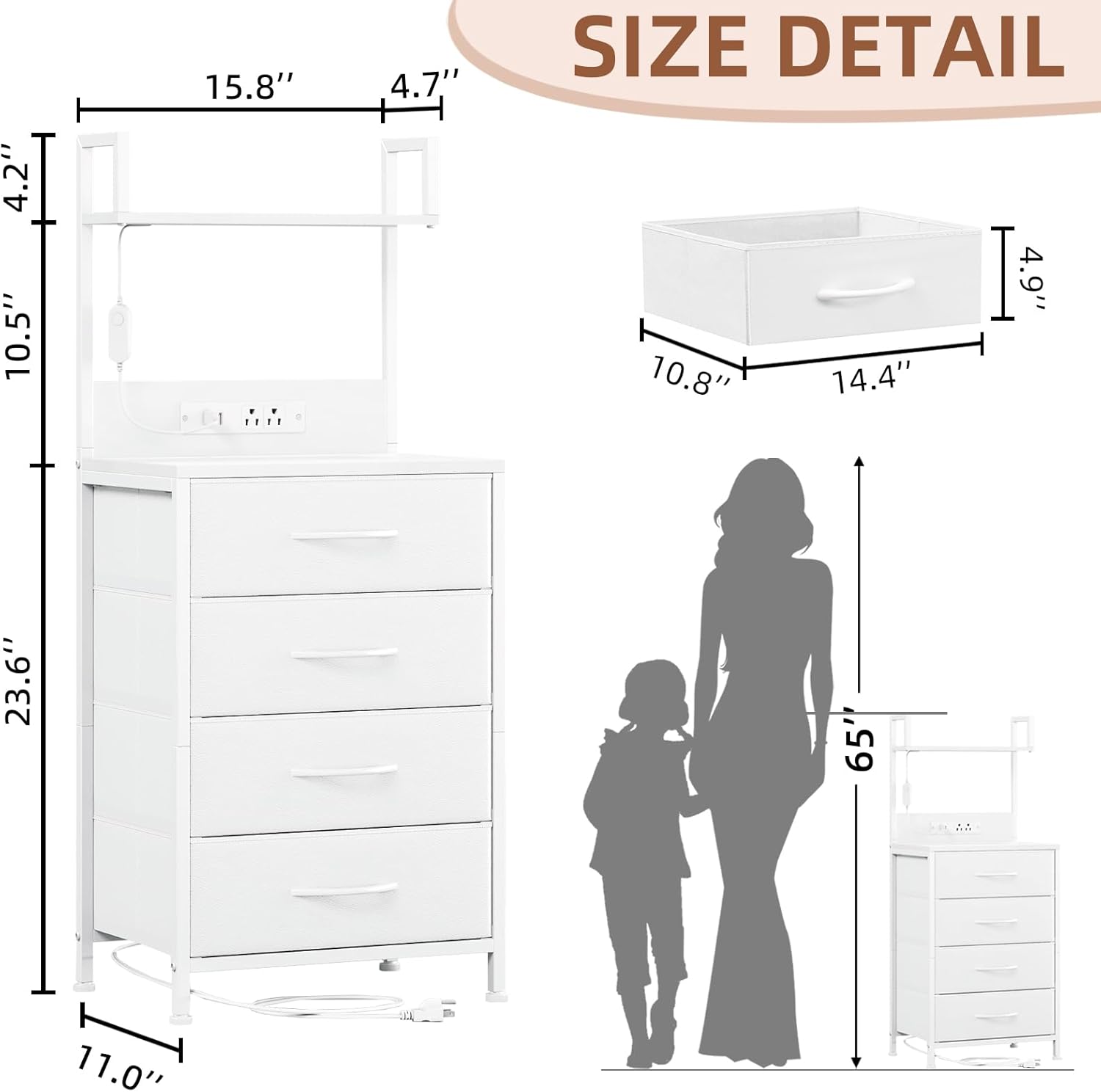 Somdot White Nightstand with Charging Station and LED Lights, Bedside Table Tall Night Stand with 4 Fabric Drawers and Top Shelf for Bedroom Guest Room Dorm Hallway