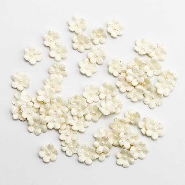 1cm Mini Glitter Paper Craft Flowers - Ivory (Pack of 60)