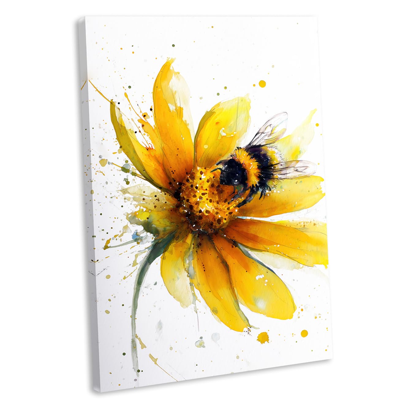 Bee Wall Art Canvas Print - Framed Yellow Flower Watercolour Picture - Floral Nature Home Decor 3 (76x51cm / 30x20inch)