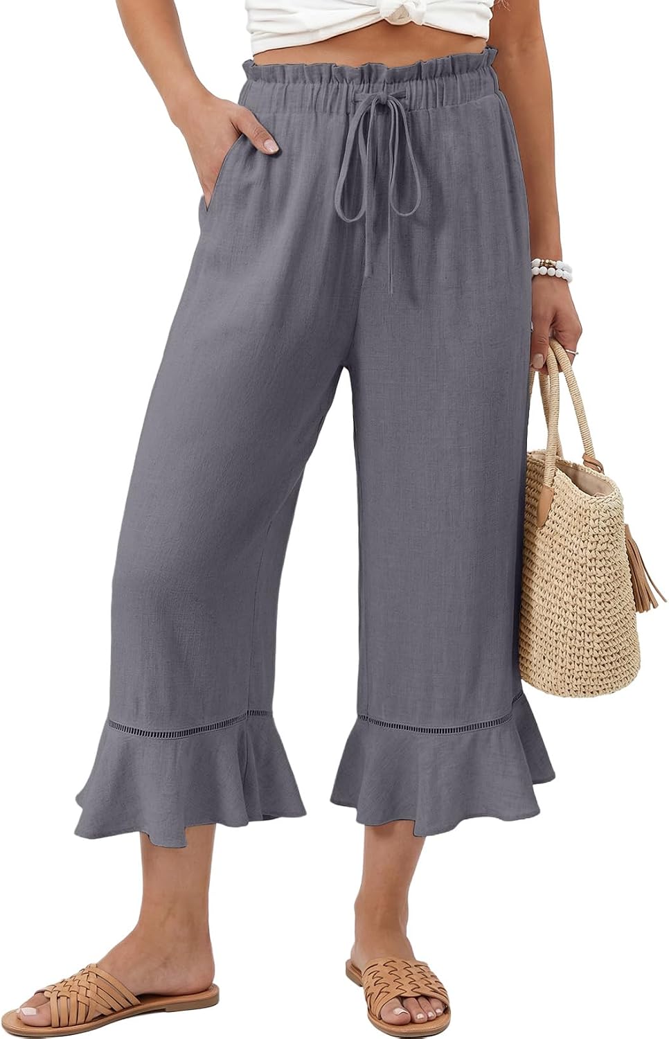 EVALESS Linen Pants Women Summer Casual Wide Leg Drawstring Elastic Waist Ruffle Hem Capri Pants with Pockets