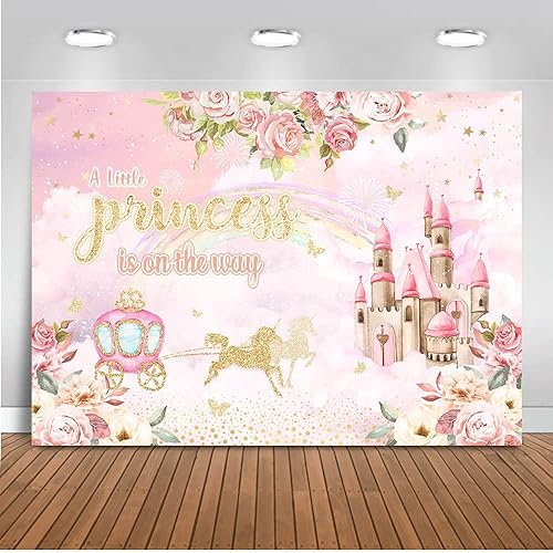 Mocsicka Telón de fondo de princesa para baby shower, castillo floral para niña, decoración de fiesta de carruaje, fondo rosa, decoración de mesa de