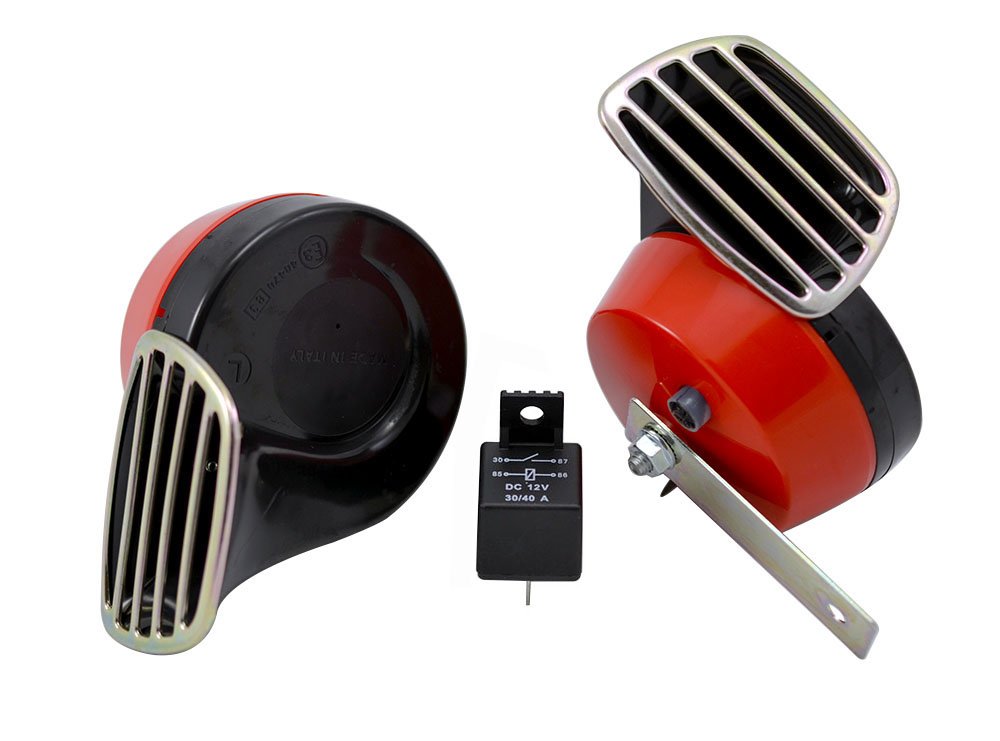 RED Black Twin TRUMPET SNAIL High/Low Tone 12v Volt Electromagnetic Loud Dual Replacement HORN Compact Complete Universal Kit with Brackets Relay Hardware for Dodge Challenger Charger Dakota Durango Caravan Ram 1500 2500 3500 Jeep Wrangler Renegade CJ5 CJ7 CJ8 Grand Cherokee Truck SUV