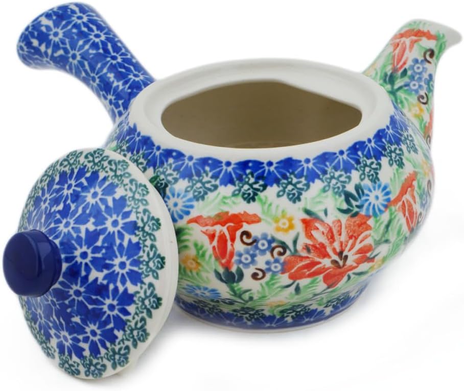 Polmedia Polish Pottery Tea or Coffee Pot UNIKAT - Trumpet Garden Pattern Handmade in Boleslawiec Poland by Ceramika Artystyczna + Certificate of Authenticity