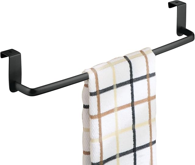 mDesign Over-The-Cabinet Kitchen Dish Towel Bar Holder  Towel Rack for Kitchen and Bathroom Cupboards  Steel Tea Towel Rail with No Drilling Required  Matte Black