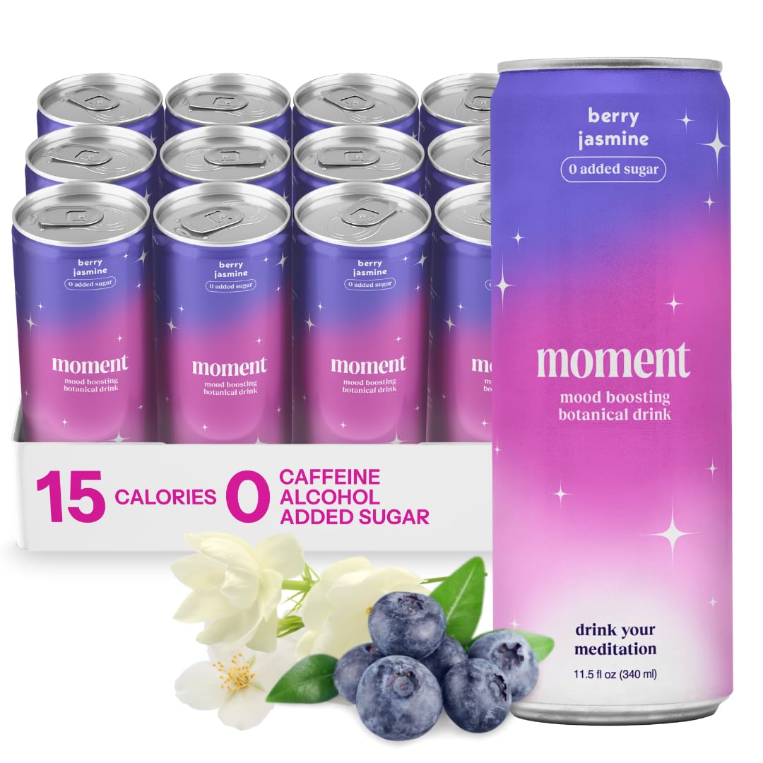 Moment Botanical Soda Soft Drink (Shark Tank) - SPARKLING Non Alcoholic Drinks | Berry Jasmine | L-Theanine & Ashwagandha for Calm & Clarity | 0 Added Sugar 0 Caffeine | 12-pack