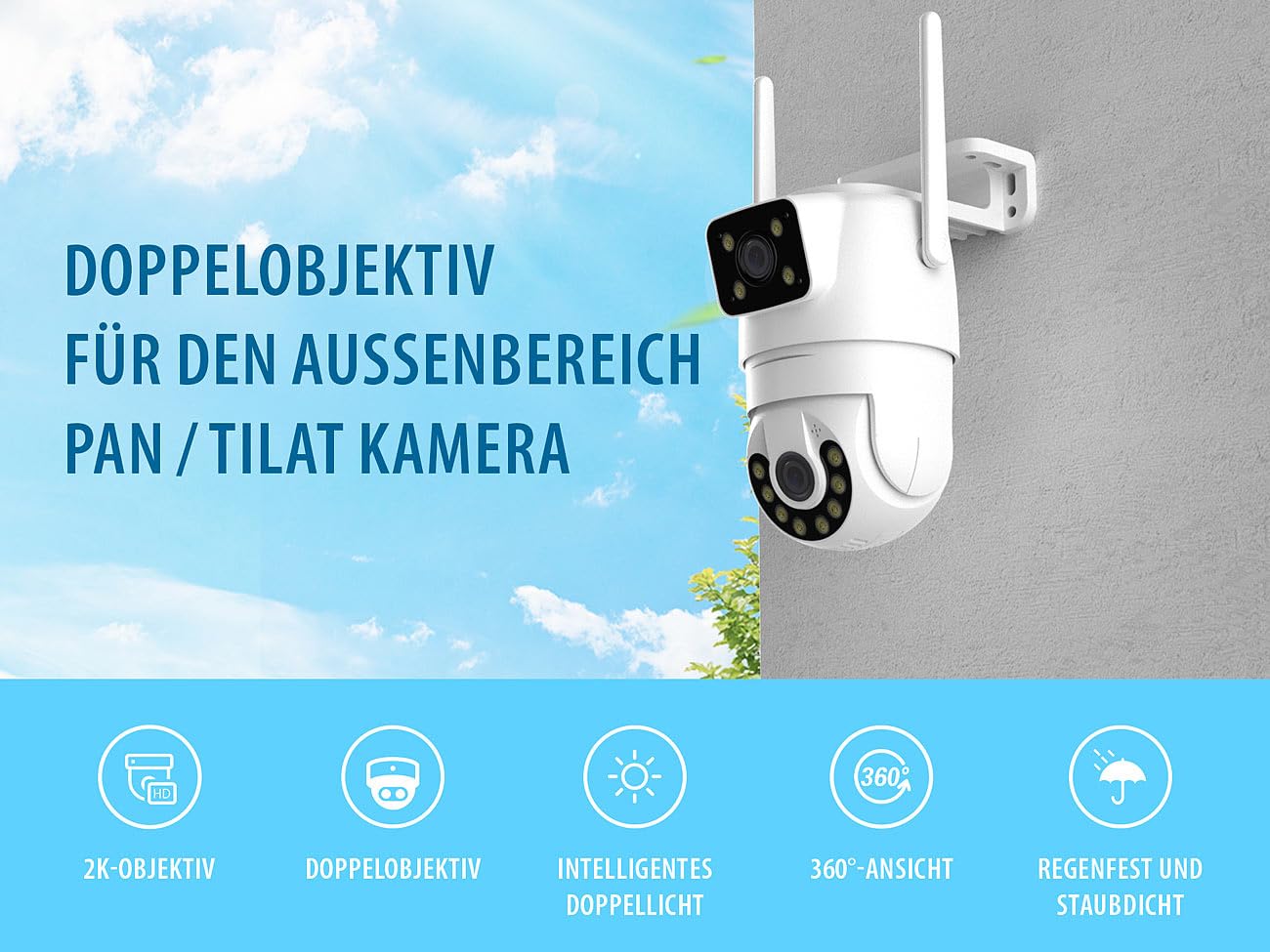 7links 2K-Überwachungskamera: 2er Dual-Objektiv-IP-Außen-Kamera, 2X 2K, 3MP, Pan-Tilt, 360°, WLAN (Dual-Objektiv-Überwachungskamera, Panorama-außen-Überwachungskamera, SD Karte)