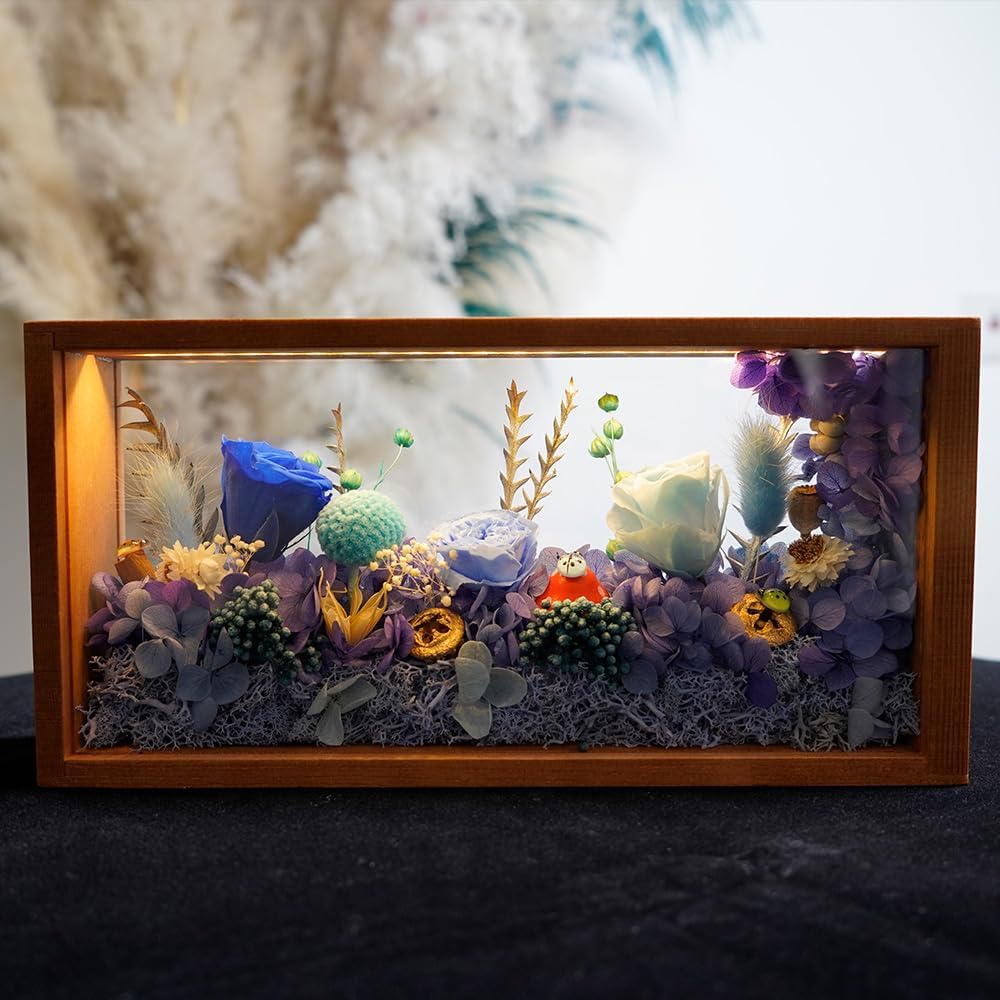 Preserved Flowers Shadow Box with LED Lights, Eternal Real Rose & Hydrangea Floral Arrangement in Wooden Frame, Linght Up Home Decor,Gift for Mother's Day Birthday Anniversary(Blue)