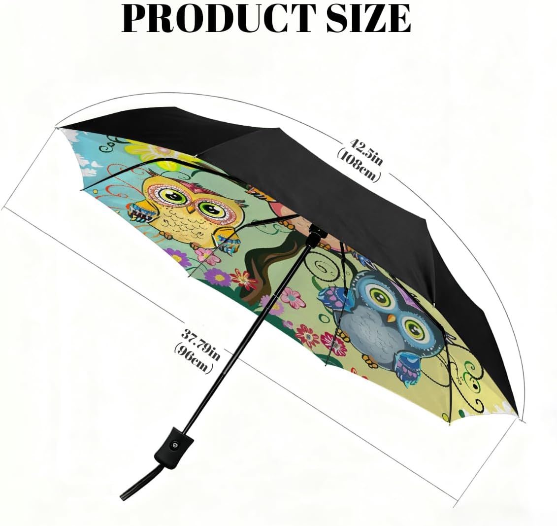 Cartoon Owls Tree Flowers Folding Umbrella Windproof Compact Lightweight Travel Umbrella with 8 Reinforced Ribs, Portable UV Sun & Rain Protection for Men & Women