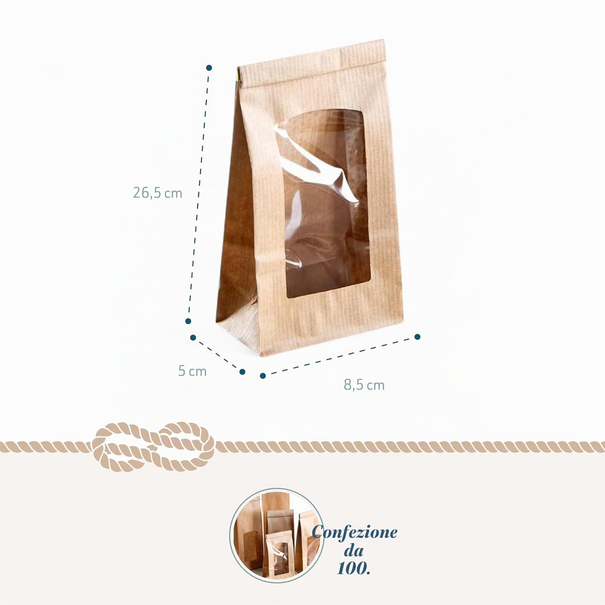 Sacchetti kraft con finestra trasparente, 100 pezzi: buste carta per alimenti con clip dorate, tè, spezie, dolci, regali fai da te, bustine blocco fondo, richiudibili, 26,5 x 8,5 x 5 cm