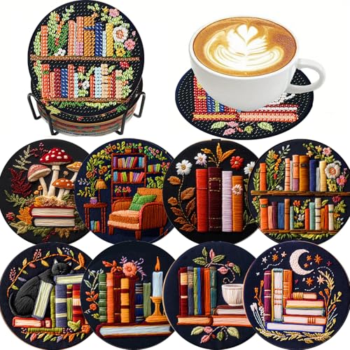8 Pcs Bookshelf Diamond Art Coasters Kit - DIY 5D Small Diamond Painting Coasters with Holder Mini Diamonds Arts Kits for Adults Coaster Gem Art Arts and Crafts for Adults