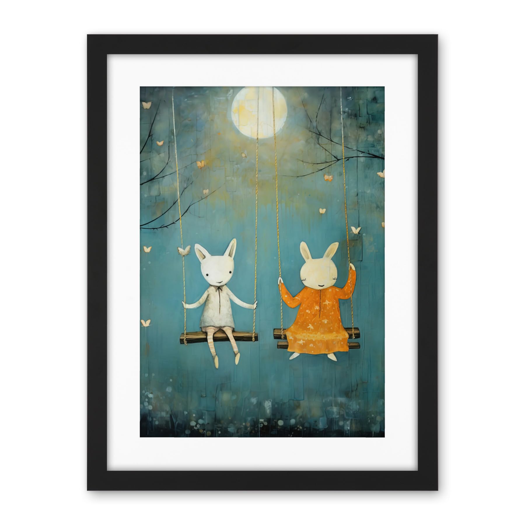 Artery8 Rabbits on a Swing with Moonlit Butterflies Calming Baby Nursery Artwork Framed Wall Art Print 18X24 Inch
