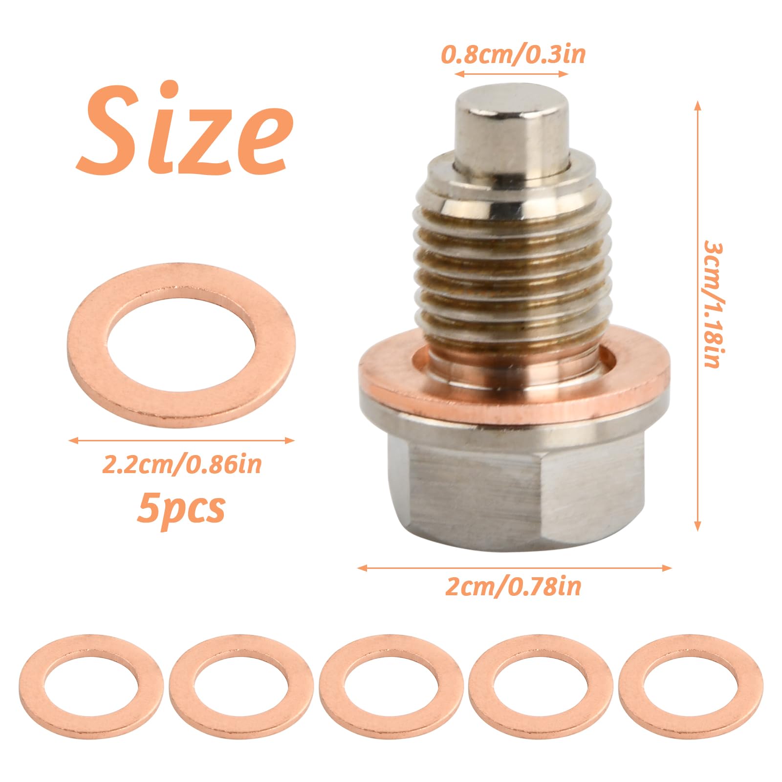 M14 x 1,5 magnetyczny korek spustowy oleju, magnetyczny korek spustowy ze stali nierdzewnej, korek spustowy oleju z 5 uszczelkami podkładek, zamiennik korka olejowego, do większości samochodów
