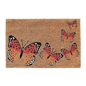 Onlymat Natural Coir Doormat, Anti-Skid PVC Back Printed Rug With Butterfly Imprint in Multicolor, Thick Weatherproof Large Entryway Rug For Indoor, Outdoor, Patio, Pack of 1 (90 x 60 x 1.5cm)