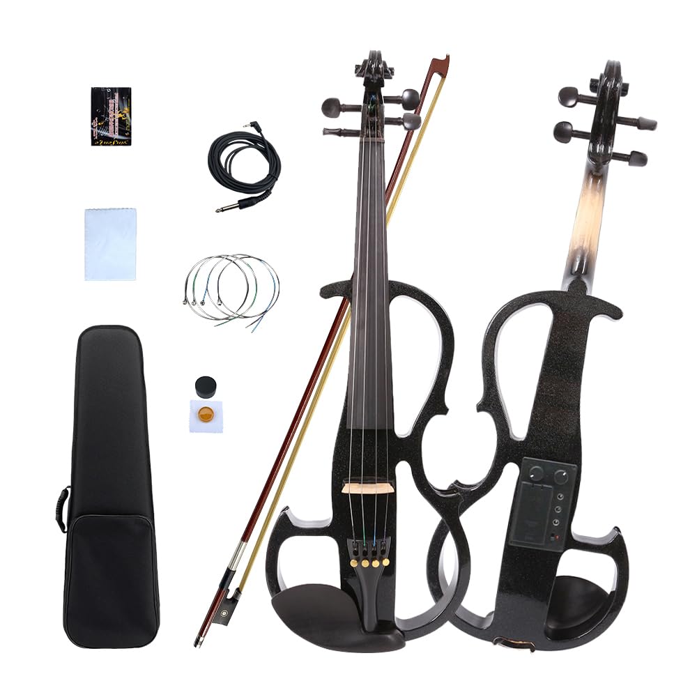 16 Inch Silent Electric Viola Set- Solidwood Body with Ebony Fittings Metallic Coating, Full 4 String Viola Set for Beginner Practice, Professional Performance and Studio Recording (Black)