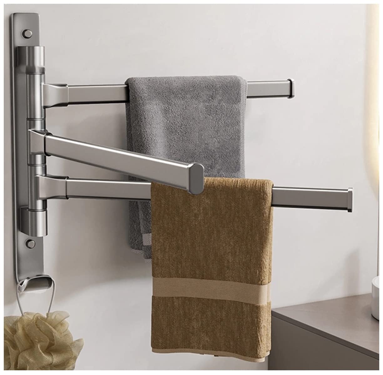 Toallero con brazo oscilante de acero inoxidable con 4 brazos, toallero giratorio para actividades, ahorro de espacio, toallero de montaje en pared, toallero de baño de acero inoxidable montado en l