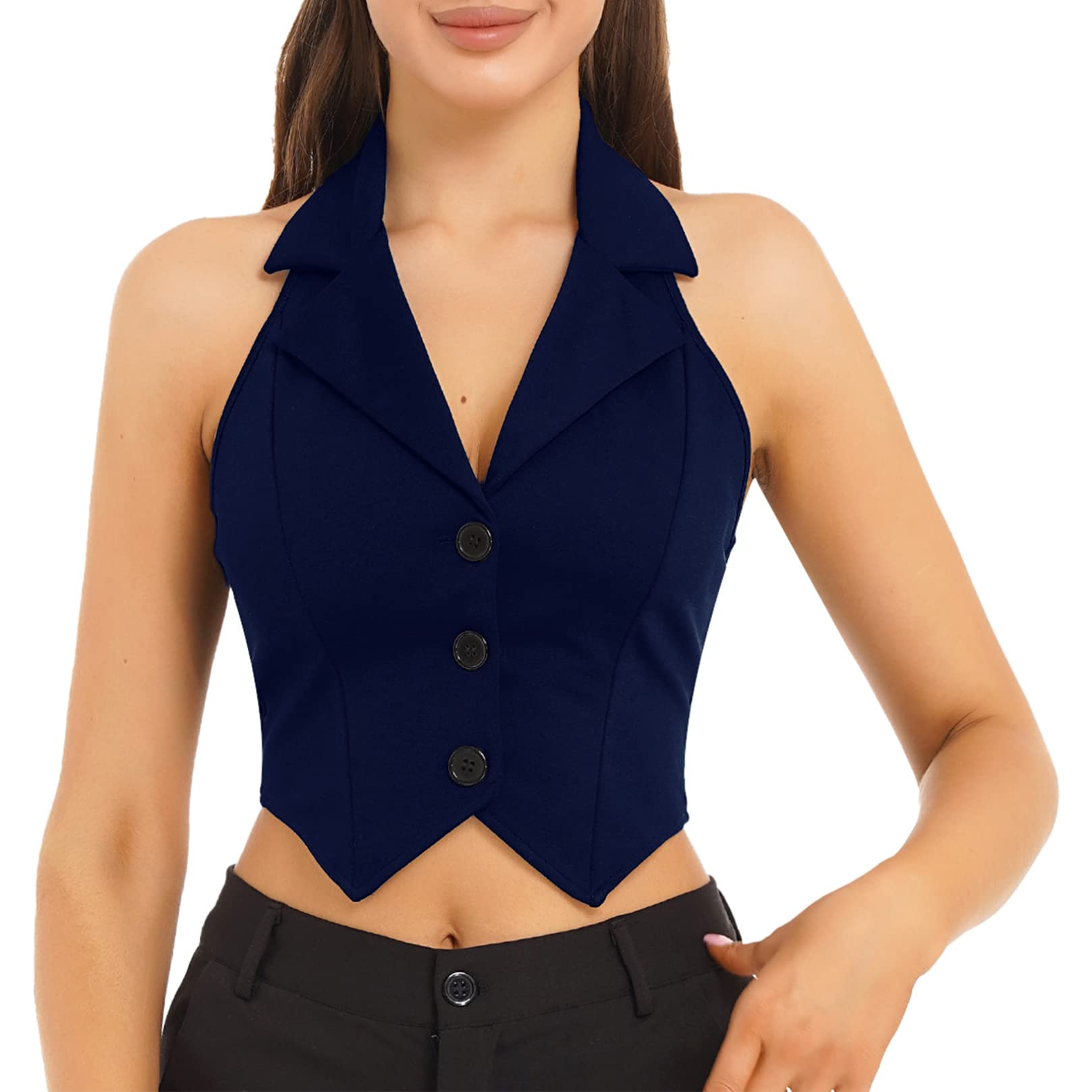 Womens Halterneck Fitted Vest Waistcoat Cropped Backless Button Down Tuxedo Vest Top
