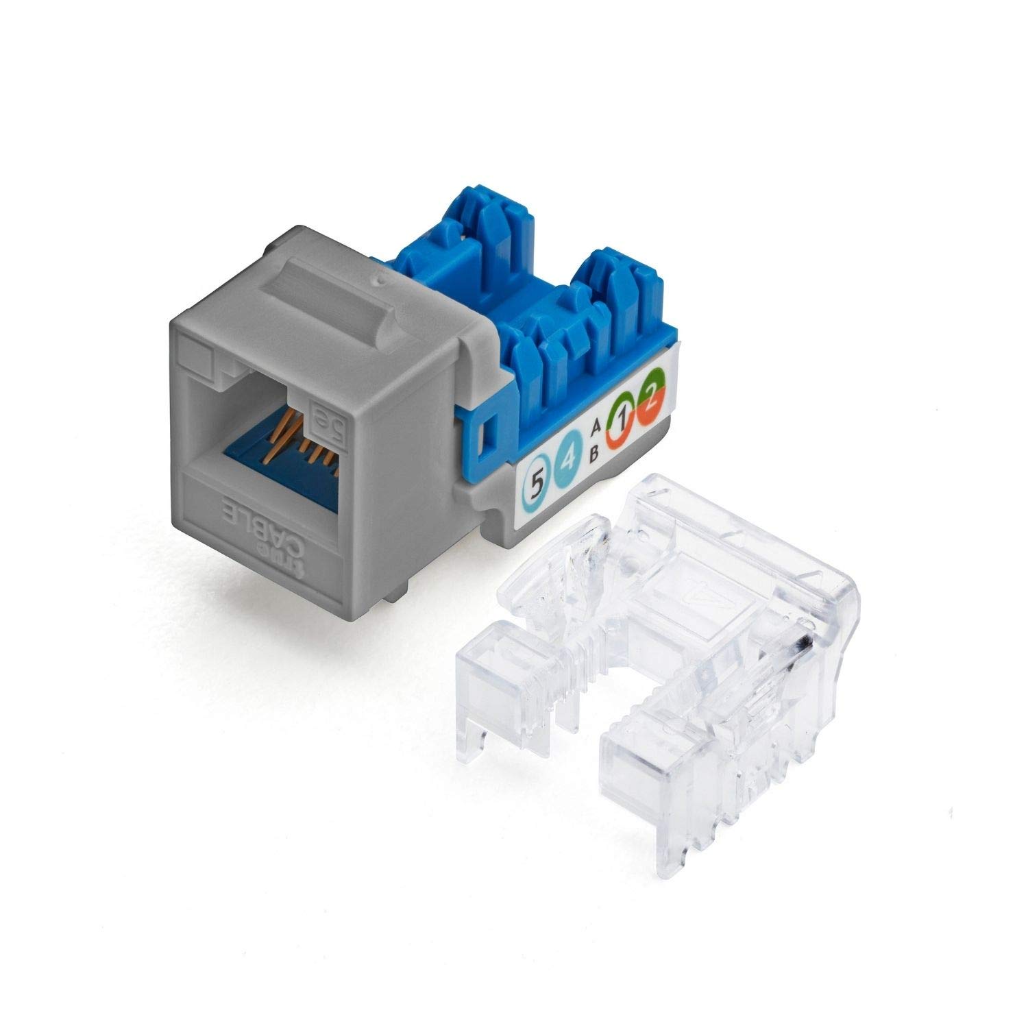trueCABLE Cat5e Keystone Jack, Unshielded (UTP), 90 Degree Punch-Down, PoE++ (4PPoE) 100W, UL Listed, ETL Verified, ANSI/TIA Certified, Modular RJ45 Female, Gray, 24 Pack