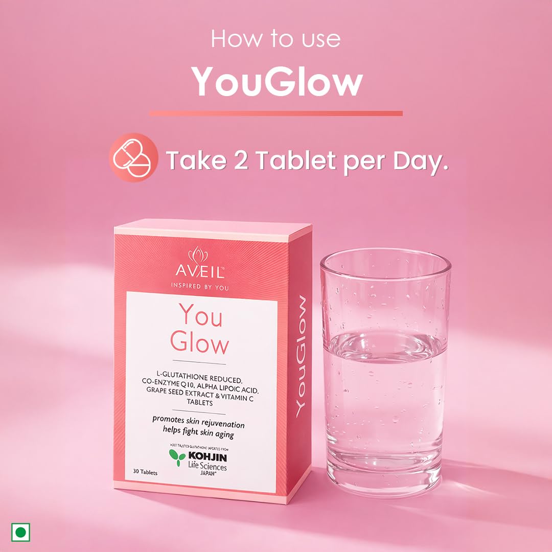 AVEIL YouGlow Glutathione and Vitamin C Skin Rejuvenating Tablet - 30 Tablets | L-Glutathione 500mg Tablets with CoQ10, Alpha Lipoic Acid, & Grape Seed Extract for Healthy & Radiant Skin | Sugar Free — Amazon image 6
