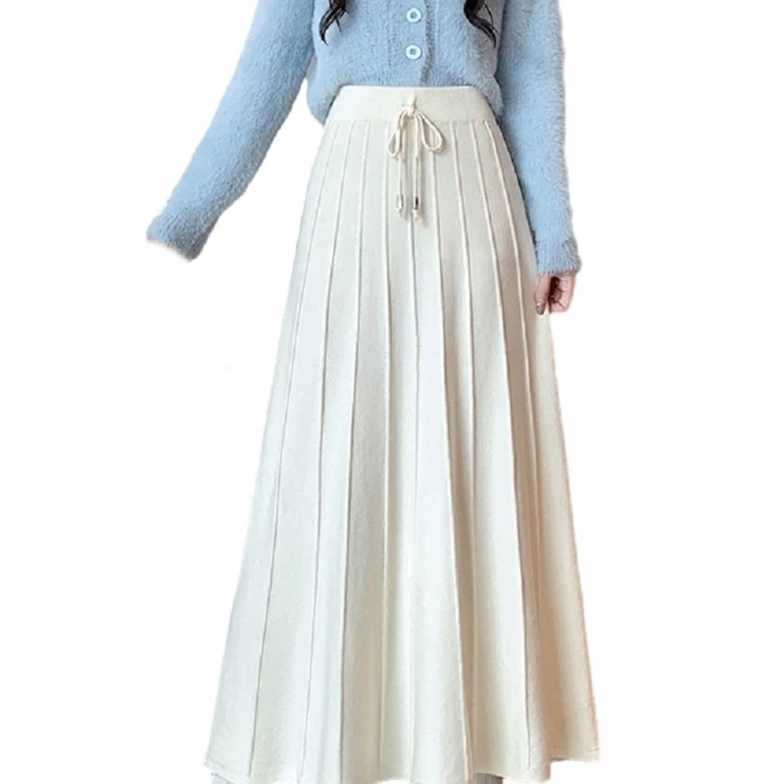 OLEETS Falda De Punto De Mujer - Falda Larga De Punto para Mujer Otoño Invierno Elegante Simple Clásico Color Sólido Línea A Falda Plisada De Cintura Alta Ropa Cálida Ropa De Calle