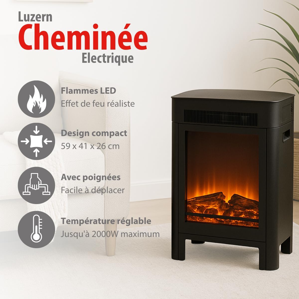 Diagram illustrating key features of the Alpina Lucerne Electric Fireplace: LED flames, compact design, integrated handles, and adjustable temperature.