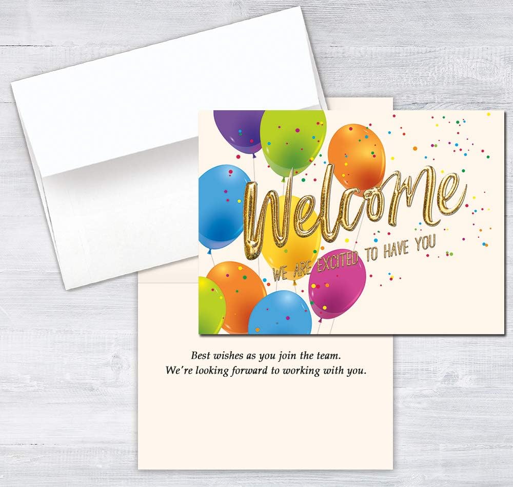 25 Employee Welcome Cards - Fun Balloon Design with Gold Glitter Foil Embossing - 26 White Envelopes - FSC Mix