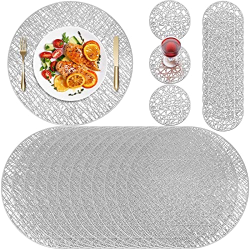Vesici Round Pressed Vinyl Placemats Metallic Place Mat Coaster Set Including And Coasters Non Slip Heat Resistant Washable Hollow Table Mats For Dining Kitchen Decor (Silver, 24 Pcs) #TOP5
