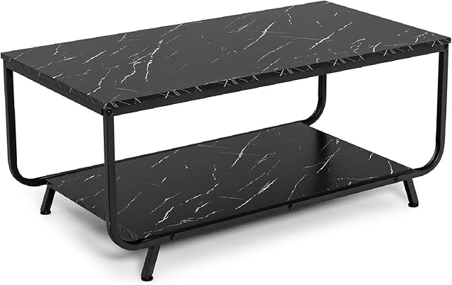 COSTWAY 2-Tier Coffee Table, Faux Marble Cocktail Tea Center Table with Storage Shelf, Metal Frame Modern Accent Sofa End Side Tables for Living Room, Bedroom and Office, Black