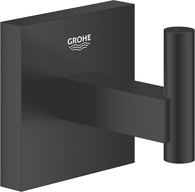 GROHE Start Cube, klebbarer Bademantelhaken für das Bad, ohne Bohren | Handtuchhalter zum Kleben oder Bohren, verdeckte Befestigung, inkl. Schrauben & Dübel, ohne Kleber (schwarz, 409612430)