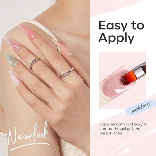 Miniatura 30 de modelones Kit de gel de extensión de poliéster para uñas, 12 colores rosa con purpurina nude, juego de gel de uñas de poli para manicura francesa