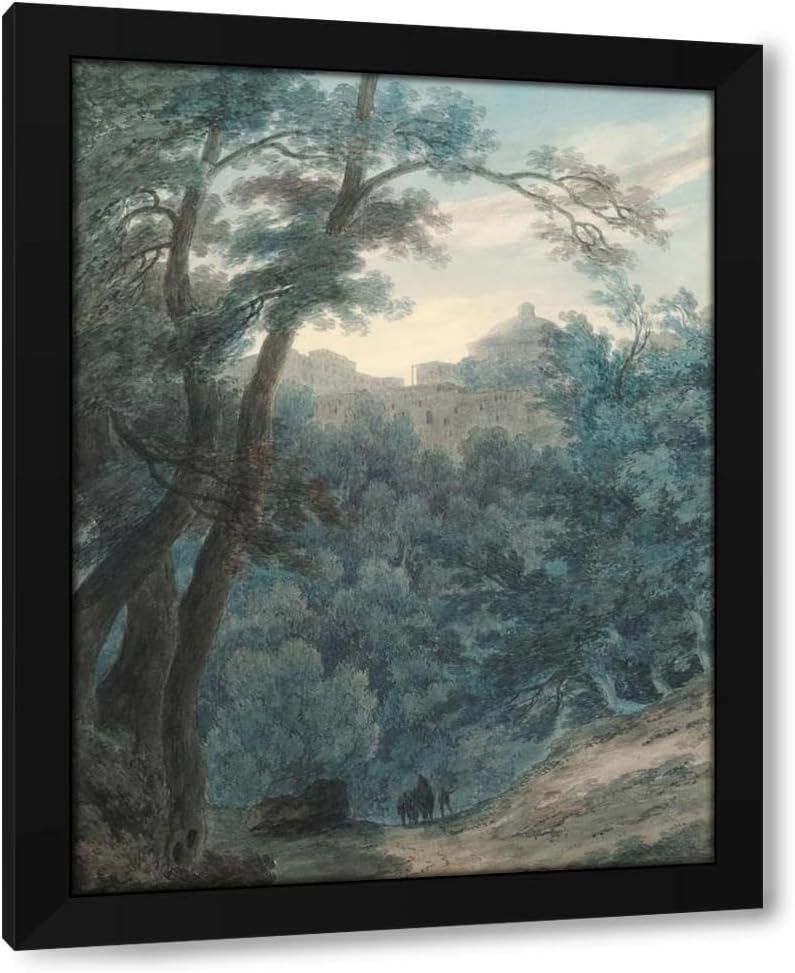John Robert Cozens 19x24 Black Modern Framed Art Print Titled: Ariccia (Wooded Landscape and Monastery) (1783)