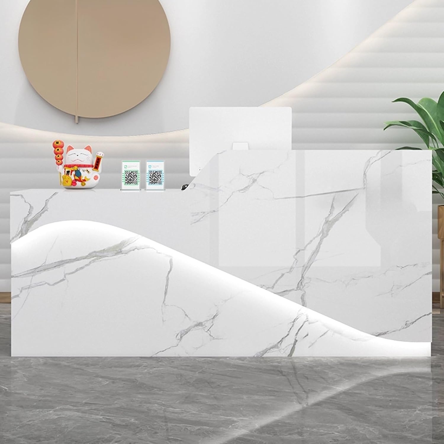 JKGHK Reception Desk, Front Counter Desk with LED Light, Modern Retail Counter with Lockable Drawer, Counter Desk Reception Room Table, Retail Counter for Clothing Shop(White+Gray,39.3in/100cm)