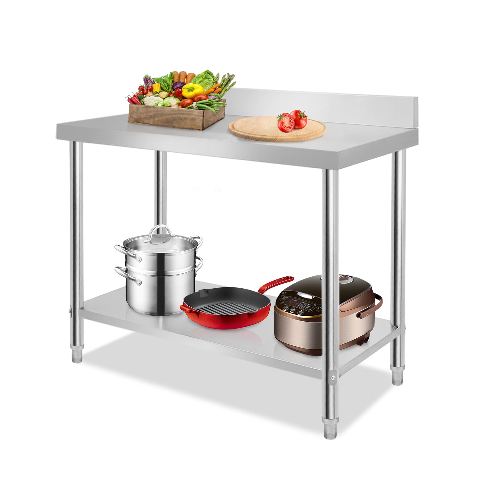 SUBTLETY Mesas de comedor de acero inoxidable para cocina, mesa de trabajo con patas ajustables, mesa de acero inoxidable, para barbacoa, para preparación de alimentos (150 x 60 x 85 cm con canto)