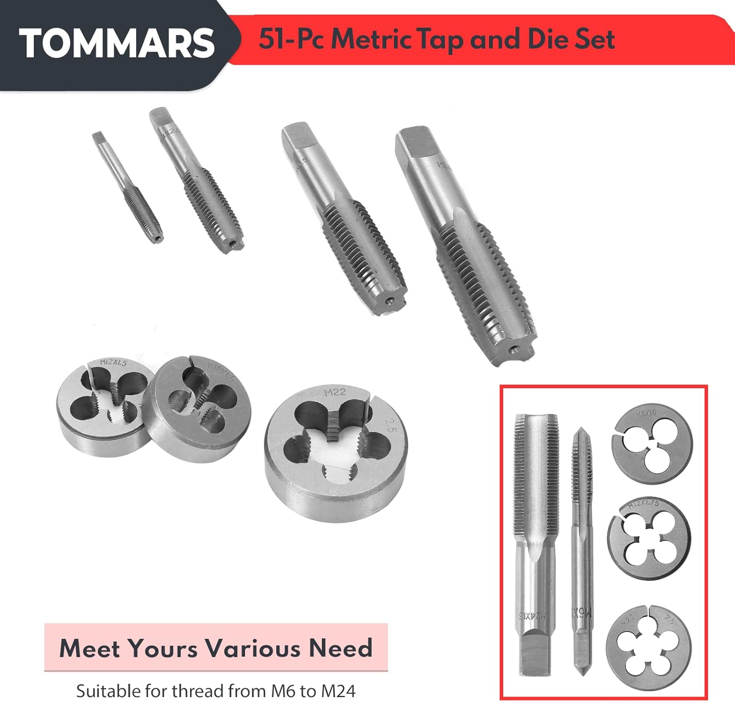 TOMMARS 51-Pc M6 to M24 Jumbo Tap and Die Set Metric Round Threading Dies & 75-Pc Tap and Die Set, SAE & Metric Hex Thread Taps Dies Wrench Metric Sizes M3 to M12 & Standard Sizes #4 to 1/2" Type NC N