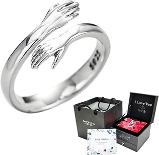 Love Hug Sterling Silver 925 Ring, European and American Jewelry New Love Hug Ring, Adjustable Romantic Love Hug Bracelet, Couple Wedding Ring,Silver,Women