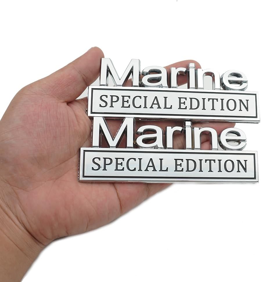 2pcs Marine Special Edition Metal Side Emblem Badge Sticker Decal Replacement for All Cars Truck SUV (Silver Black)