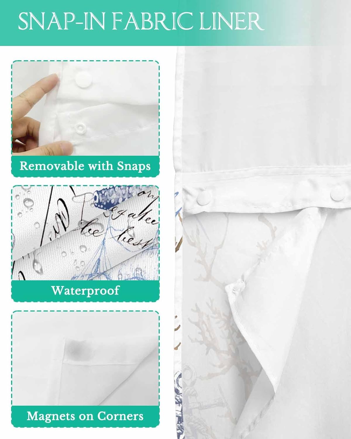 No Hook Shower Curtain with Snap-in Liner Set, Coastal Starfish Waterproof Hotel Style Shower Curtains for Bathroom, Ocean Nautical Boats Coral Shell Mesh Top Window Detachable Bath Curtains 72''x78''