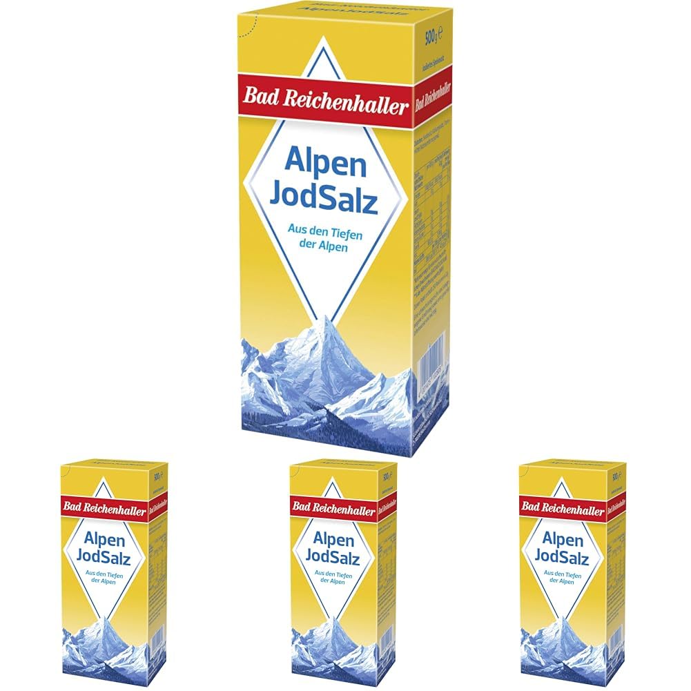 Bad Reichenhaller Marken JodSalz Reines Alpensalz aus Natursole, 500 gramm, Die Verpackung kann variieren (Packung mit 4)