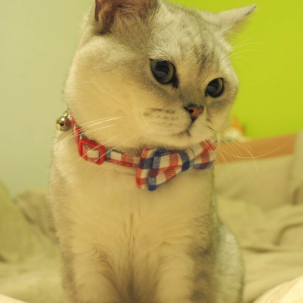 Collier pour chat avec clochette et nœud papillon, motif écossais, collier de sécurité réglable (17 à 27 cm)