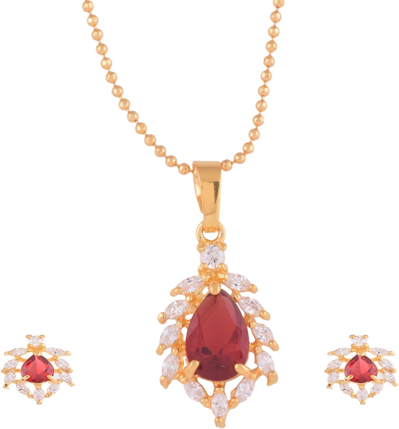 Ganapathy Gems 1 Gram Gold Plated Pandent Earing Set With Maroon And White Cz Stones Without Chain
