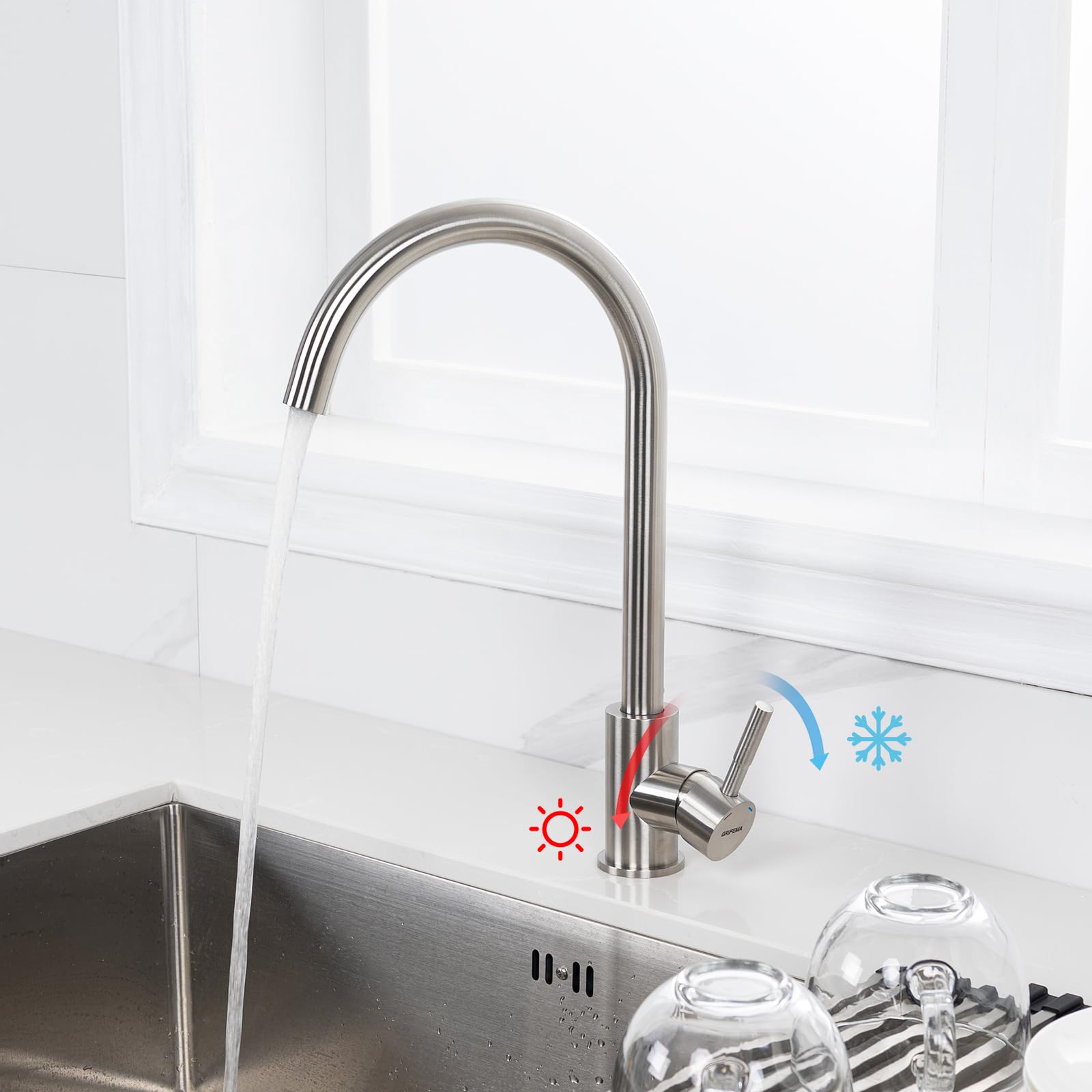GRIFEMA Niederdruck Armatur Küche, 360 ° Drehbare Wasserhahn Küche, Leicht zu zerlegen und zu waschen, Spültischarmatur für Boiler, Untertischgeräte, Chrom, Silber