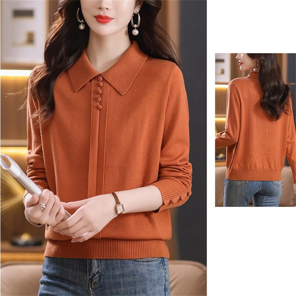 Long Sleeved Knitted Top with Sweater On for Women's Autumn Wear Lapel for Mother's Bottom