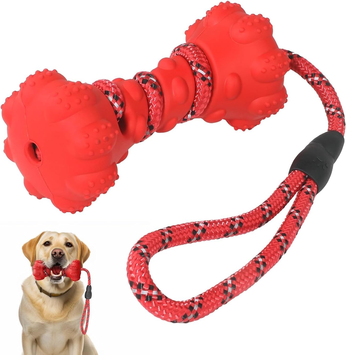 Dog Bone Toys with Rope for Chewing Teething Fetching|Durable Rope Toys for Aggressive chewers |Squeaky Toys for Medium & Large Breed Dogs|Made of Natural Rubber|Colour - Red