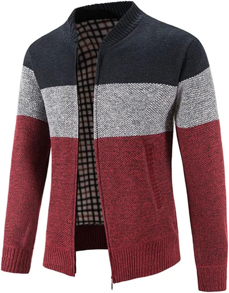 Men Striped Knitted Cardigan Fleece Warm Sweater Jacket Mens Daily Knitting Sweater