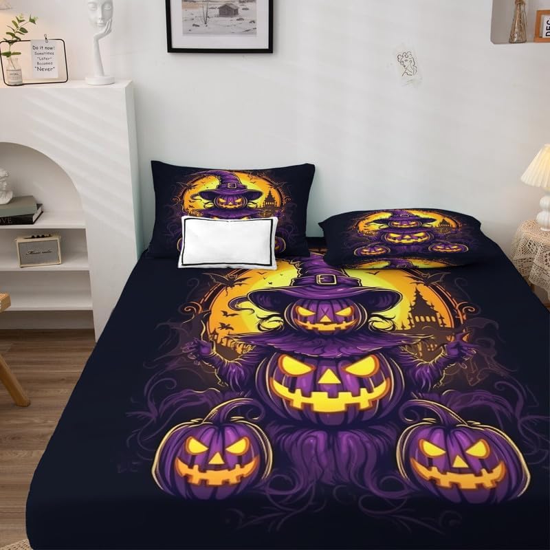 Miniatura 3 de Juego de sábanas California King  Sábanas de Halloween para niños y niñas, juego de sábanas espeluznantes de calabaza, microfibra suave y bolsillo