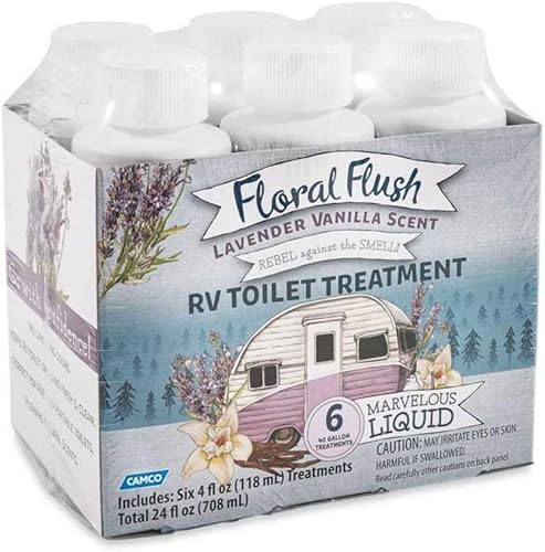 Camco 41480 Floral Flush RV - Tratamiento individual para inodoro, aroma a vainilla de lavanda, elimina olores y descompone los desechos, cada